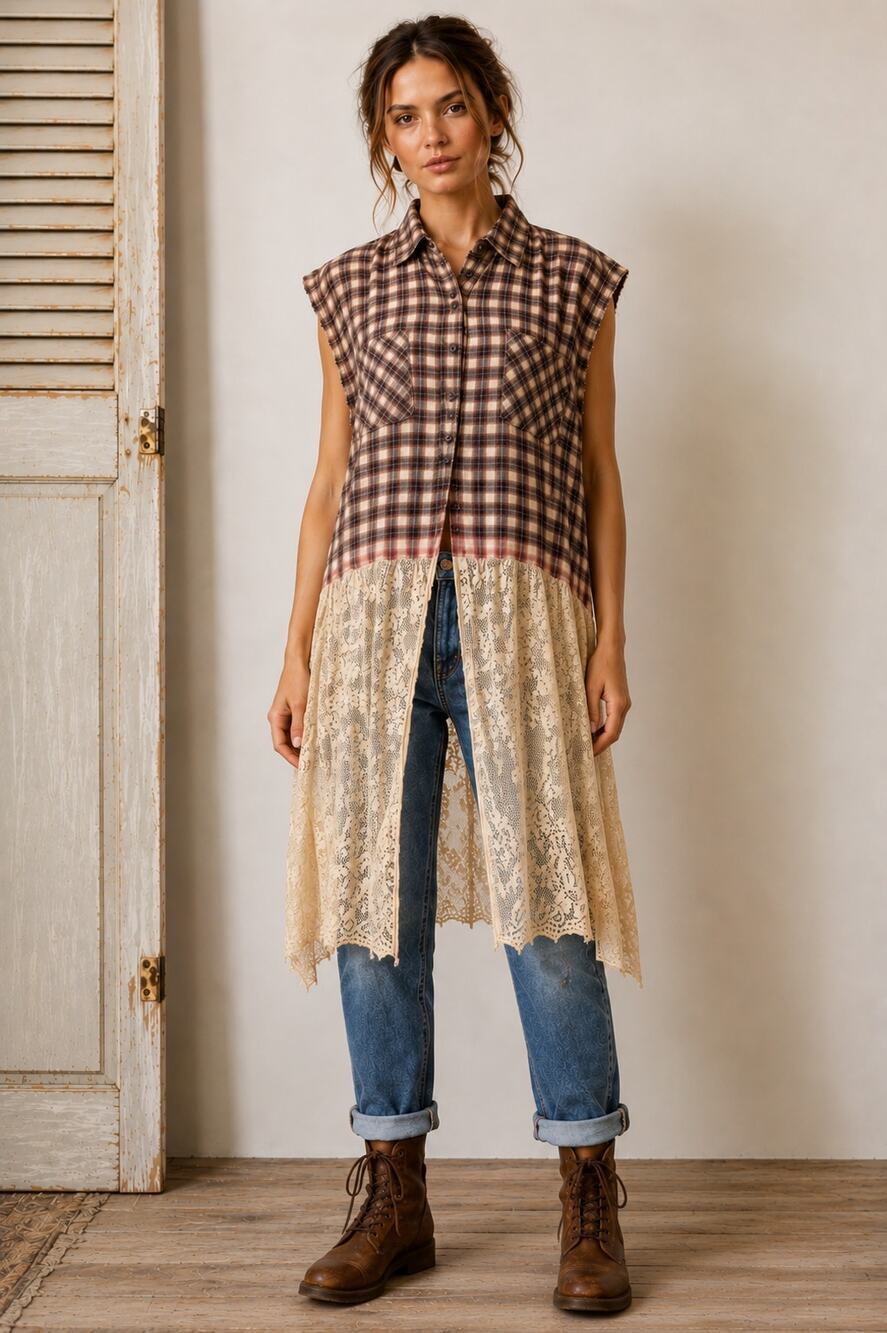 Upcycled Plaid & Lace Shacket Tunic One Size Boho Cottagecore Western Grunge